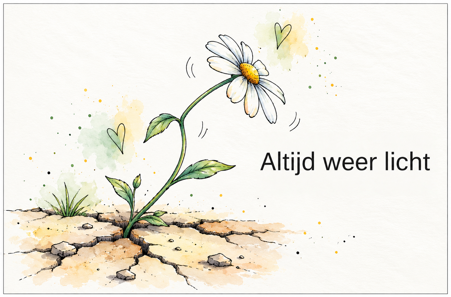 Aquarelkaartje: een madeliefje dat uit droge, gebarsten grond groeit, met de tekst Altijd weer licht