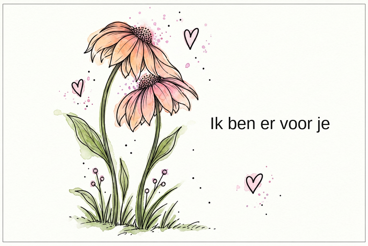 Aquarelkaartje: twee echinaceabloemen die naar elkaar leunen, omringd door hartjes