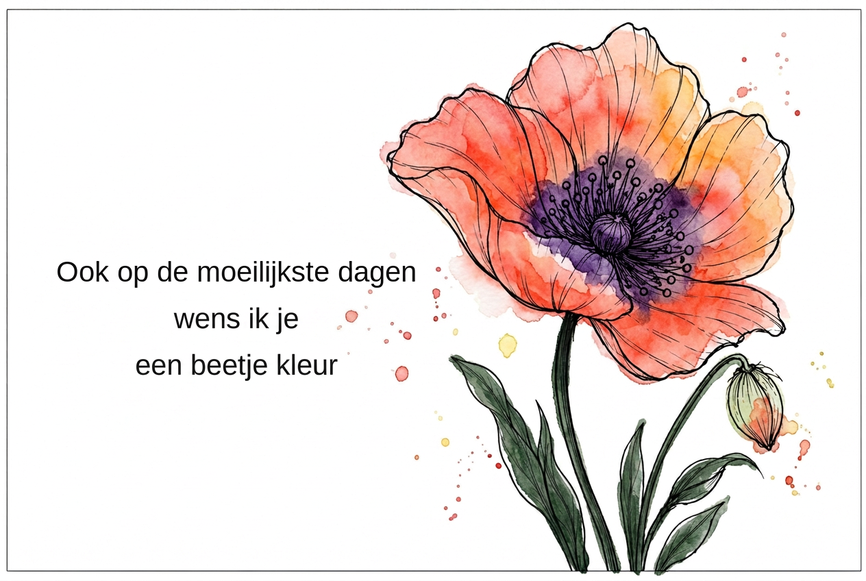 Aquarelkaartje: een rood-oranje klaproos in volle glorie