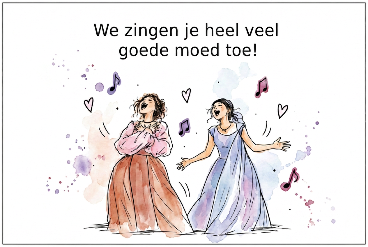 Aquarelkaartje: Liesbet en Jacha zingend op een playbackshow, met muzieknootjes en hartjes