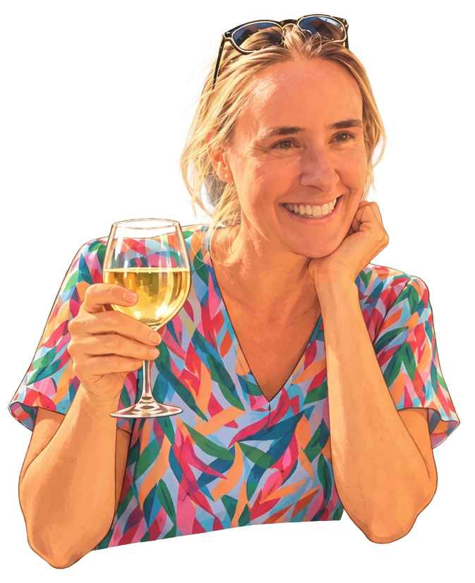 Liesbet glimlachend met een glaasje wijn in haar hand